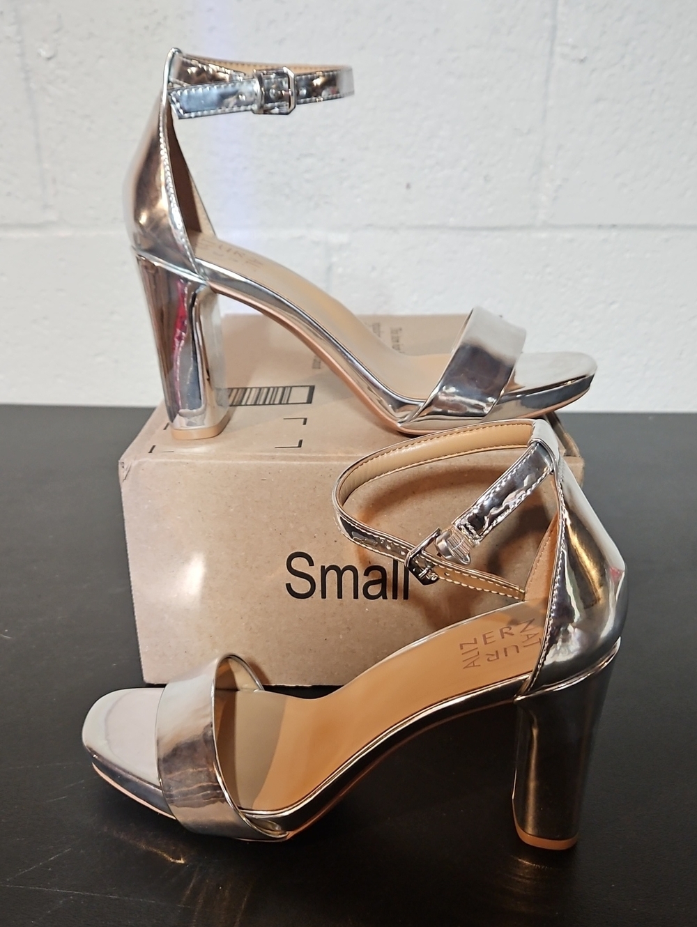 Naturalizer Silver Metallic Ankle Strap Block Heels